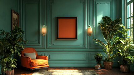 Green Wall, Orange Chair, Plants, and Sunlight - 3D Illustration