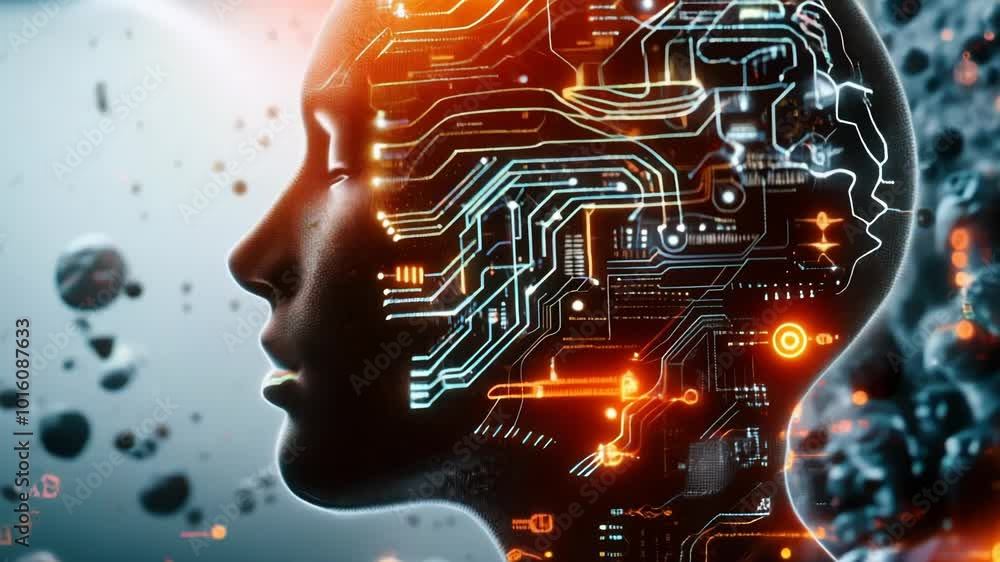 Poster futuristic ai brain concept with digital circuitry, big data analysis, cloud computing, cyber commun
