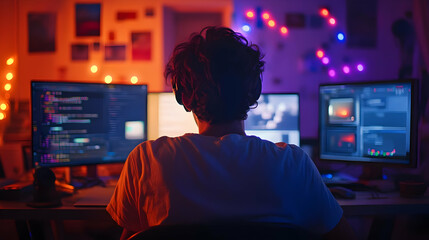 Rear View of Person in Front of Computer, Illustration