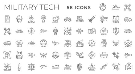 military techy line art themed icon collection, tanks robots weapons, guard equipment