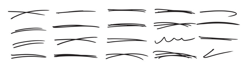 hand-drawn set of underlines and highlight lines, Hand drawn strikethrough and squiggled lines, Pencil underlines, kids crayon strips, brush lines in sketch style.