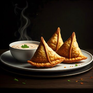Samosa served on plate with chatni sauce on black background hd image