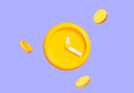 3d yellow round clock icon with flying coins. Time is money concept.  Stock vector illustration on lilac isolated background.	
