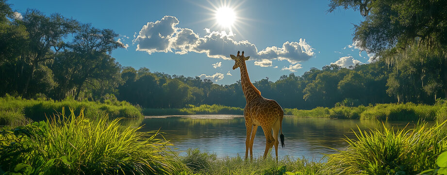 extreme long shot A giraffe standing tall while munching on branches, captured in high dynamic range within a lush Primeval forest backdrop Aspect ratio 18:7