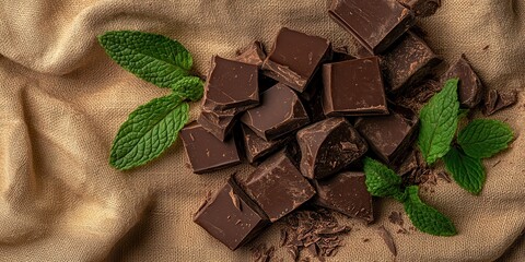 Top view of chopped chocolate pieces with fresh mint leaves on a rustic fabric background, creating a perfect treat for chocolate lovers.