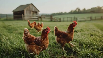 Fototapeta premium Brown Chickens in a Green Field with a Wooden House in the Background