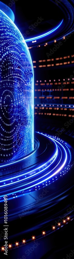 Poster a futuristic blue illuminated digital portal with glowing patterns and intricate designs.