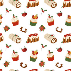 Winter seamless pattern with traditional homemade Christmas cake, holiday dessert, holly berries, cupcakes for Christmas decoration. Vector illustration for gift wrapping paper, wallpapers, textile.