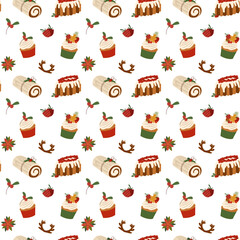 Winter seamless pattern with traditional homemade Christmas cake, holiday dessert, holly berries, cupcakes for Christmas decoration. Vector illustration for gift wrapping paper, wallpapers, textile.