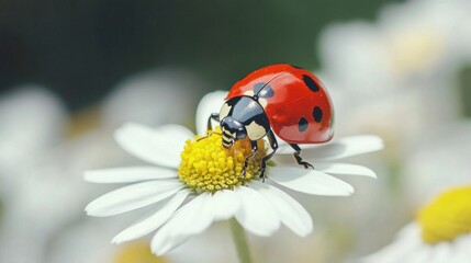 A macro shot of a red ladybug on a white daisy, capturing intricate details of the insects shiny shell and tiny legs.