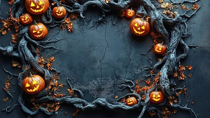 Carved pumpkins with eerie faces and autumn leaves are artfully arranged among dark, twisted branches, creating a festive Halloween atmosphere