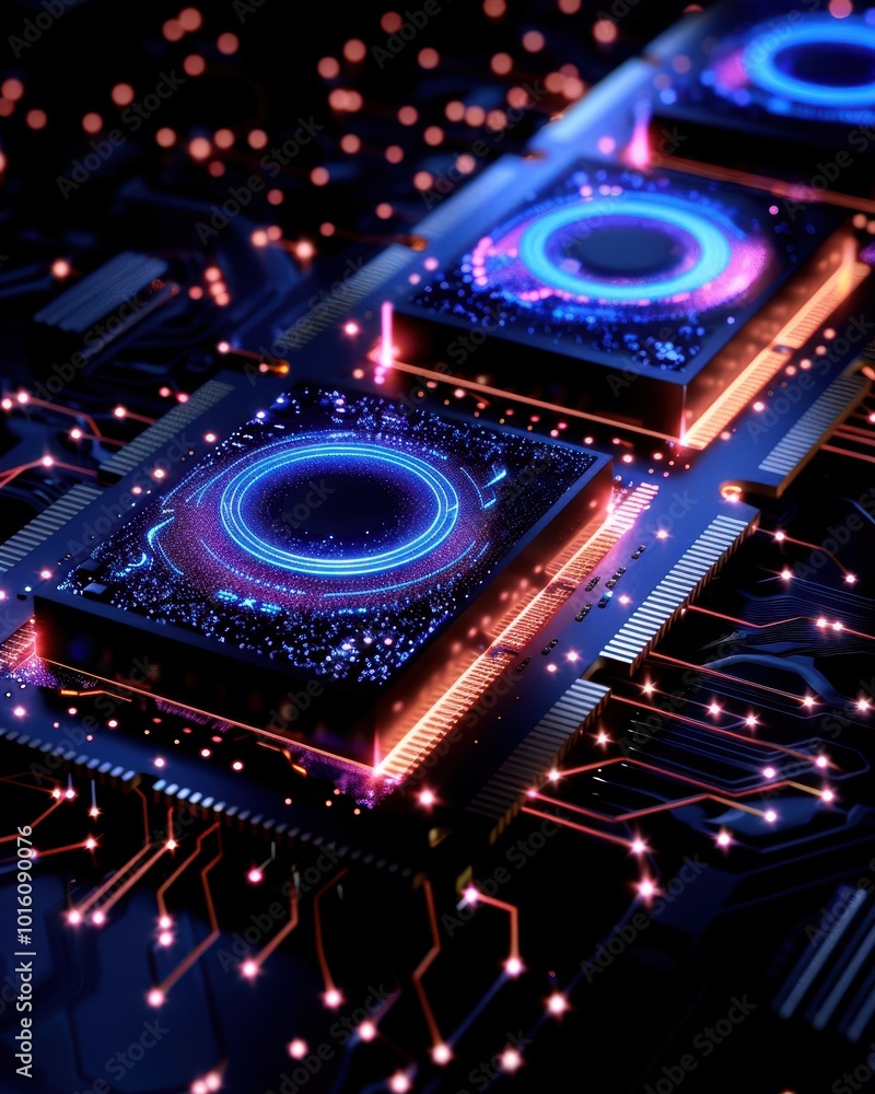 Poster abstract representation of computer chips with glowing lights on a circuit board, futuristic technol