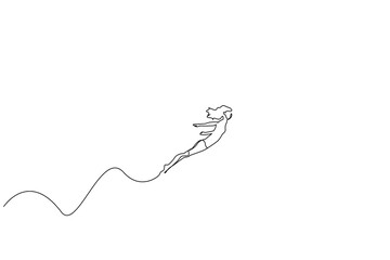 young woman happy free jumping in the air dreaming life one line art design vector
