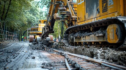 Excavator Digging Trenches in a Forest Setting