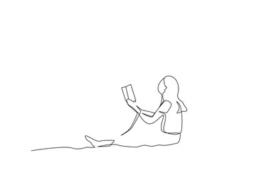 young beautiful woman reading a book on the park ground relax time happy life one line art design vector
