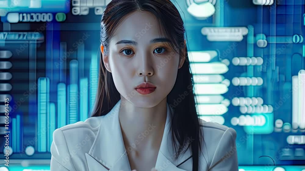 Poster a young professional focuses intensely on data analysis in a sleek workspace, surrounded by vibrant 