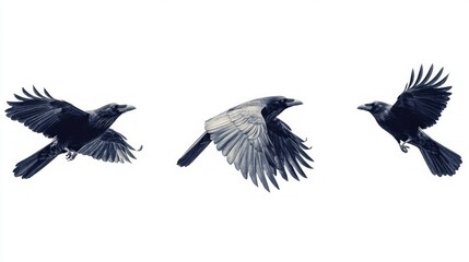 Three black crows in flight, isolated on a white background.
