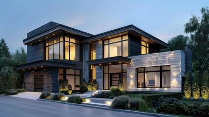 Fototapeta premium Modern Stone and Glass Home with Landscaped Yard at Dusk
