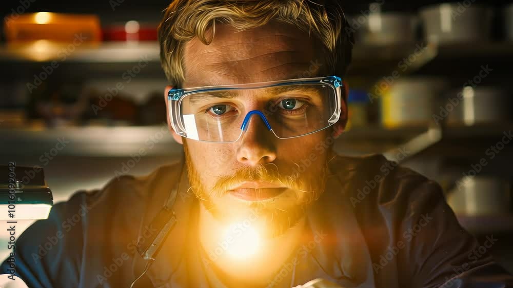 Poster a scientist focuses intently on experiments in a well-equipped laboratory, emphasizing precision and