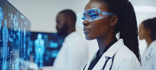 Black Female Doctor Using Smart Glasses Analyzes Holographic Patient Data in a Modern Hospital.