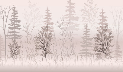Wallpaper background, painted vector forest in powdery shades. Interior design.  Forest. Mural for the walls.