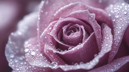 A macro shot of dew droplets on a purple rose, capturing the intricate textures of the petals and the glistening water.