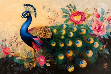 Elegant Peacock in Traditional Decor with Floral Elements