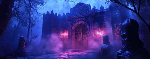 A mysterious castle shrouded in fog, illuminated by eerie purple lights, set in an enchanted forest at twilight.