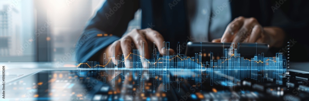 Poster businessman using tablet for financial data analysis and strategy planning with growth chart on digi