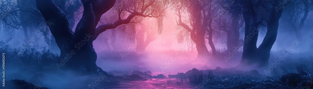 Poster a mystical forest scene with fog and vibrant colors, creating an enchanting atmosphere of wonder and