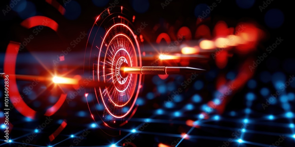 Poster futuristic target with glowing red graphics and digital grid background.