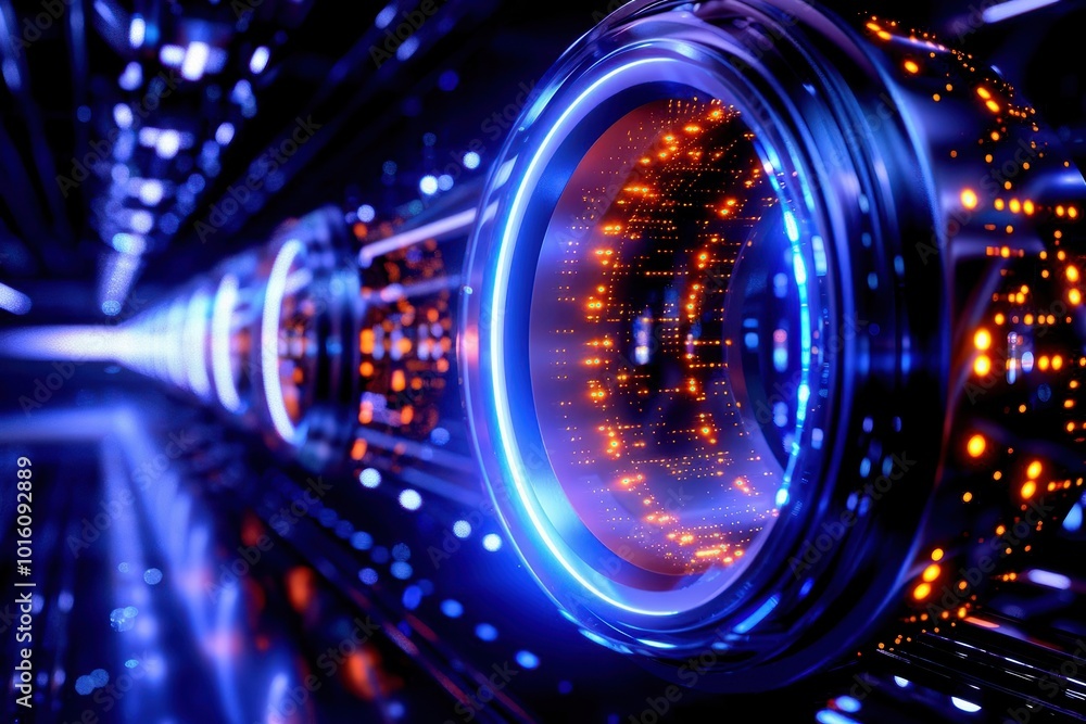 Aufkleber futuristic technological design with glowing circular elements and intricate details against a dark 