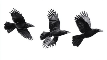 Obraz premium Three crows in flight, isolated on white background. The crows are flying in a row, with their wings spread wide.