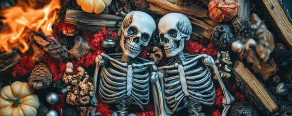 Fototapeta premium A festive Halloween scene featuring two skeletons surrounded by autumn decorations and fall-themed items.