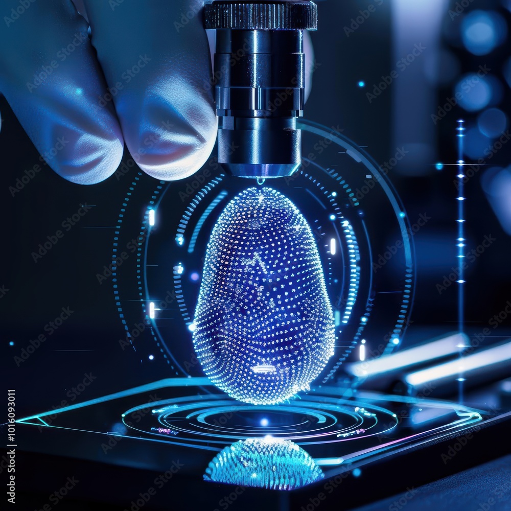Poster futuristic technology with a hand manipulating a digital droplet using precision tools in a high-tec
