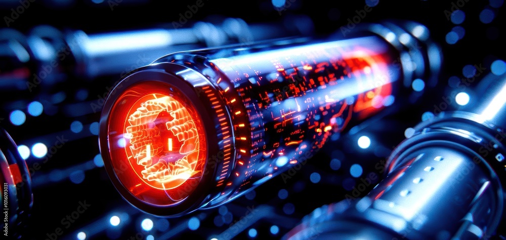 Poster futuristic technology with glowing red elements and intricate circuitry on a dark background.