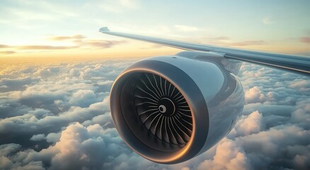  Realistic shot of an airplane engine in flight, with the wing and sky in the background.