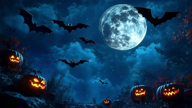 Spooky Halloween night scene with glowing jack-o'-lanterns, flying bats, and a full moon.