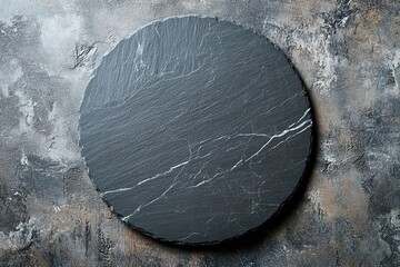 Slate black stone slab. Top view. in the middle there is a round tangential stand. Free space for copying. 