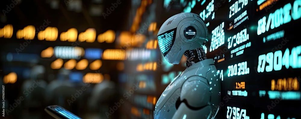 Poster futuristic robot interacting with digital interface, showcasing advanced technology and innovation i