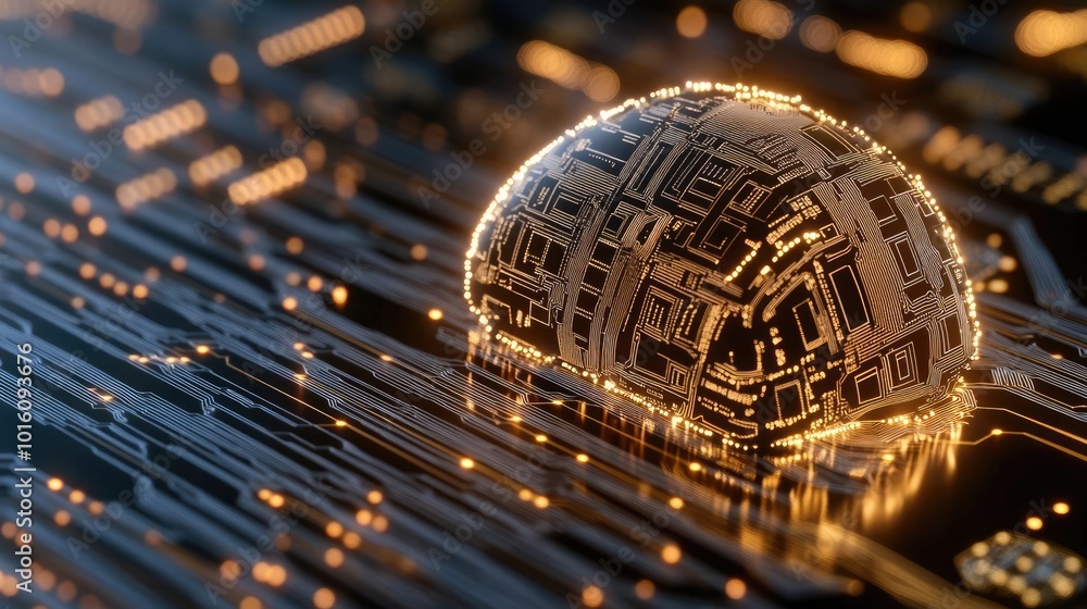 Poster a close-up of a futuristic circuit board with a glowing microchip, symbolizing advanced technology a