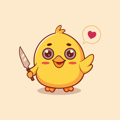 Cute Yellow Chick Holding Knife with Heart Vector Icon Illustration.