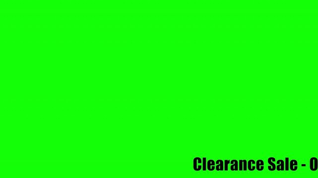 Clearance Sale On Now. Bottom of screen ticker. Green Screen. Clearance Sale On Now Black Text. Black Text animation on Green Background. Big Sale. Discount. Special Offer.
