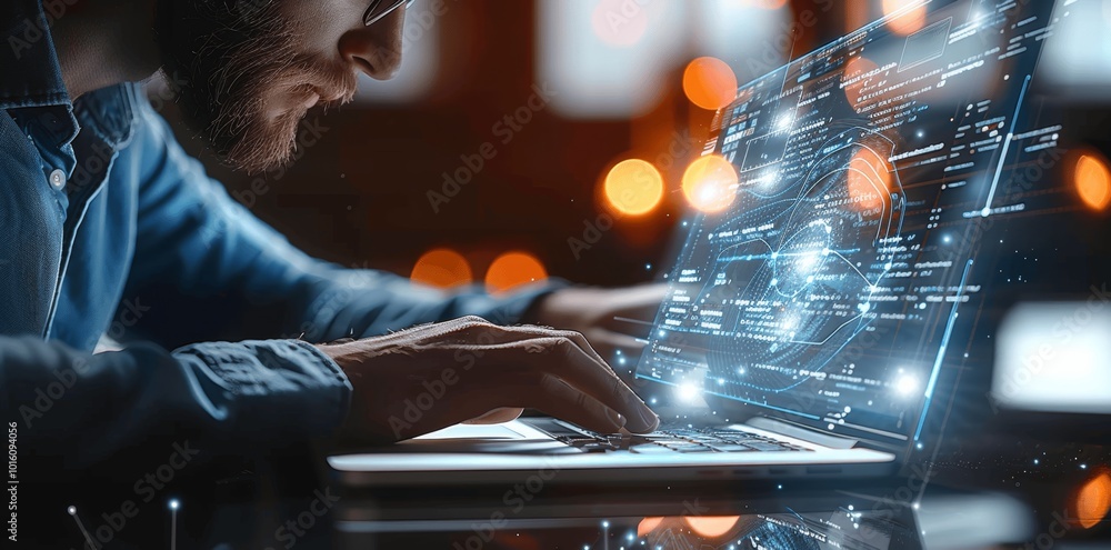 Aufkleber AI Machine Learning Technology Businessman Laptop Code Digital Interface Web Design Virtual Screen Office Background
