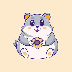 Cute Cartoon Hamster Holding Yellow Flower Vector Icon Illustration.