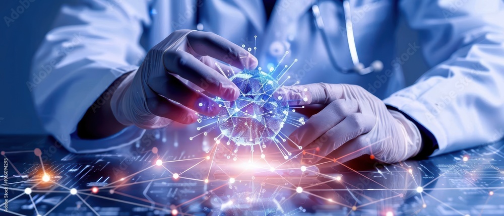 Poster medical professional manipulating a digital representation of molecular structures in a futuristic l