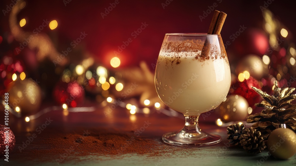 Poster eggnog in a glass with a cinnamon stick, placed on a mint table with a deep crimson backdrop and shi