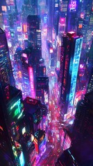 A vibrant, futuristic cityscape illuminated by neon lights.