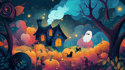 カボチャ畑の魔女の家のハロウィンイラスト