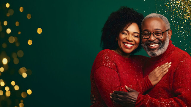 Smiling happy older African American couple in matching red sweaters, standing close together against a green background with golden bokeh lights, copy space